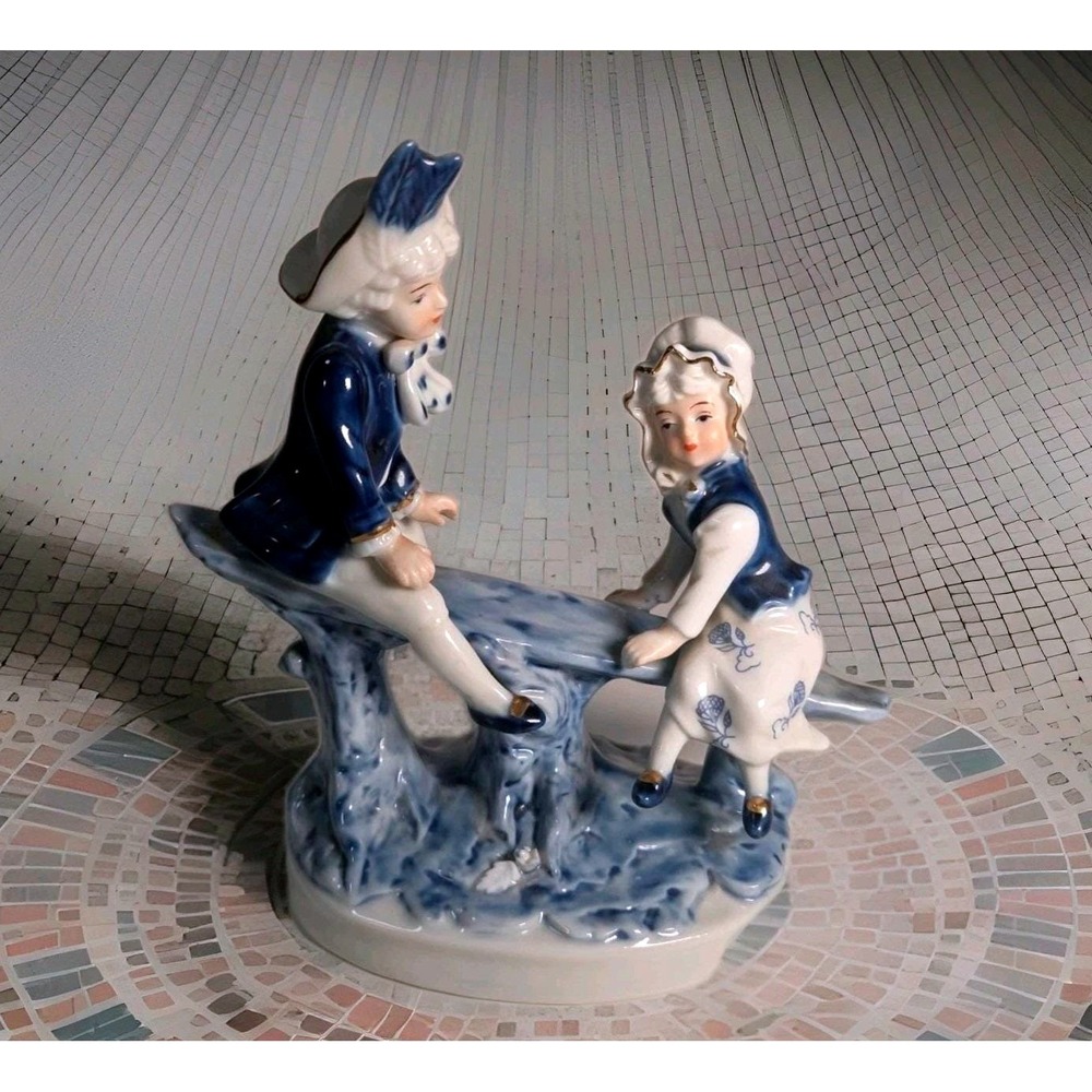 Porcelain Figurine Blue White Victorian Children Seesaw Gold Trim Ronoco Style
